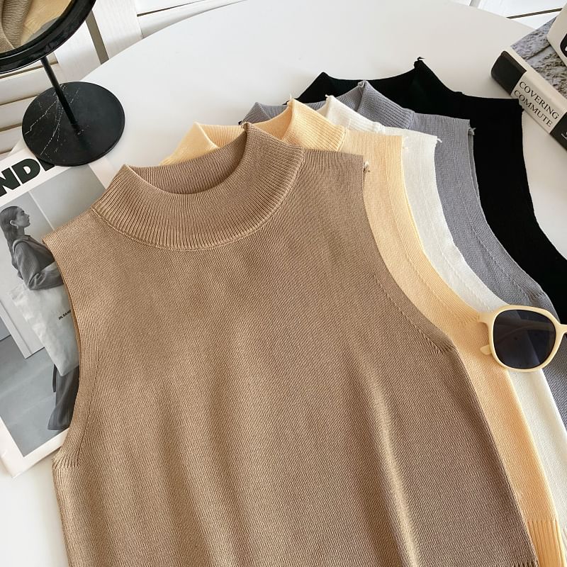 Mock Neck Plain Knit Tank Top