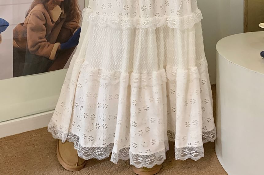 Lace Trim Ruffle A-Line Maxi Skirt with Stretch Waist