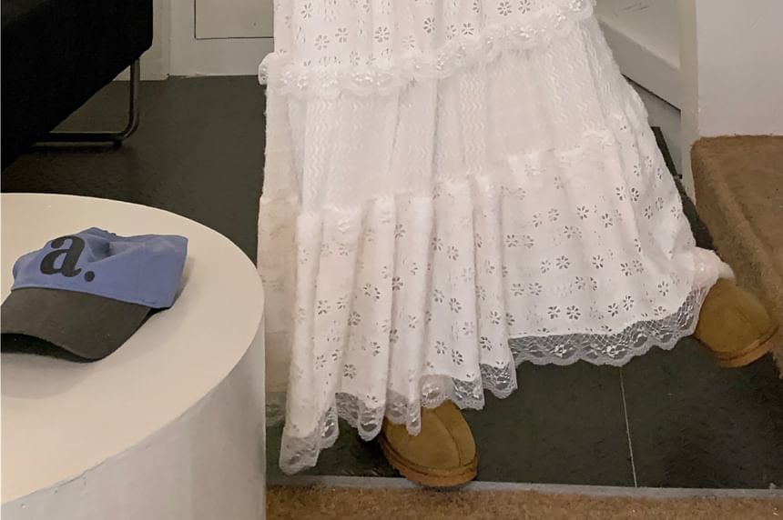 Lace Trim Ruffle A-Line Maxi Skirt with Stretch Waist