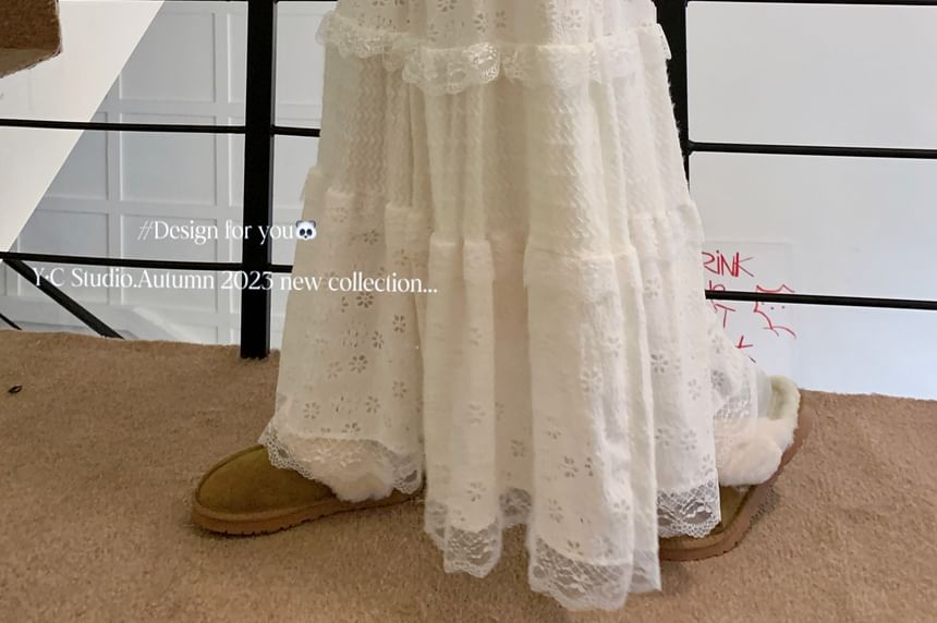 Lace Trim Ruffle A-Line Maxi Skirt with Stretch Waist
