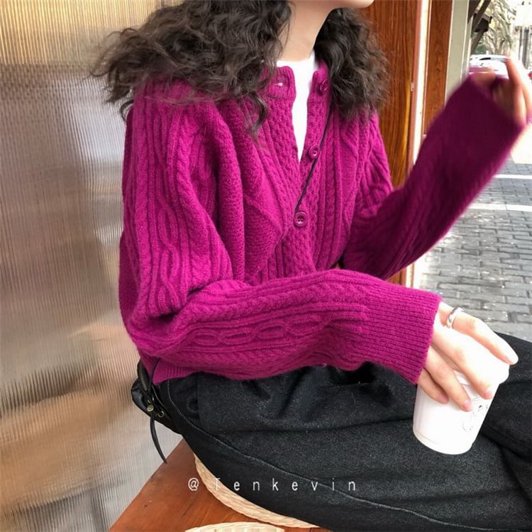 Plain Cardigan Button-Up Cable Knit