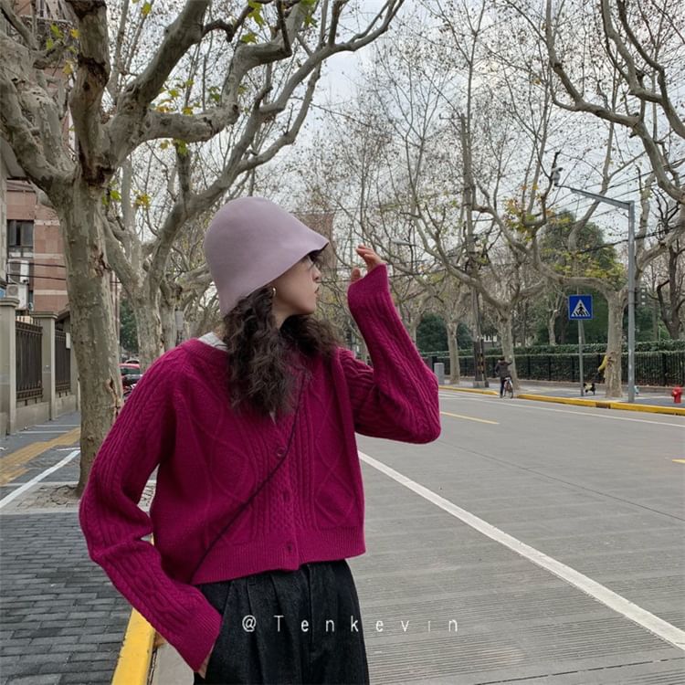 Plain Cardigan Button-Up Cable Knit