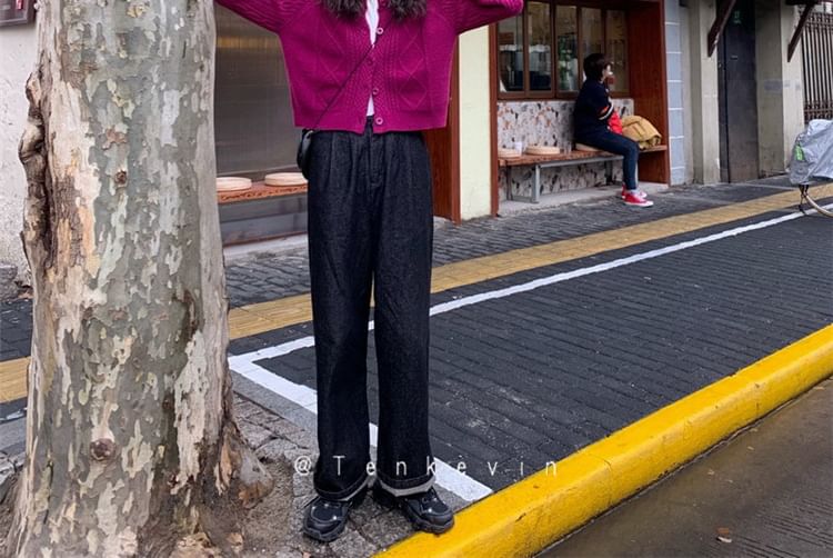 Plain Cardigan Button-Up Cable Knit