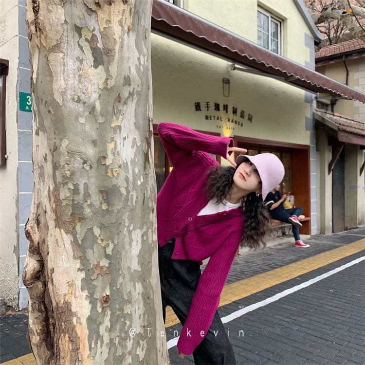 Plain Cardigan Button-Up Cable Knit