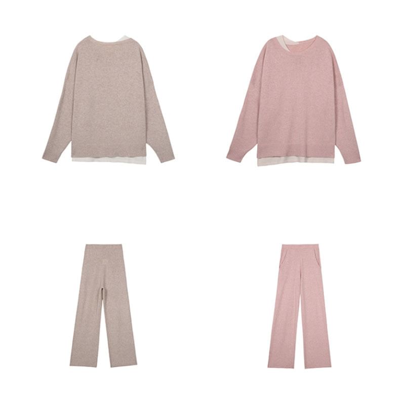 Long-Sleeve Neck T-Shirt Leg Set: + Two-Tone Pants Wide Waist High Crew