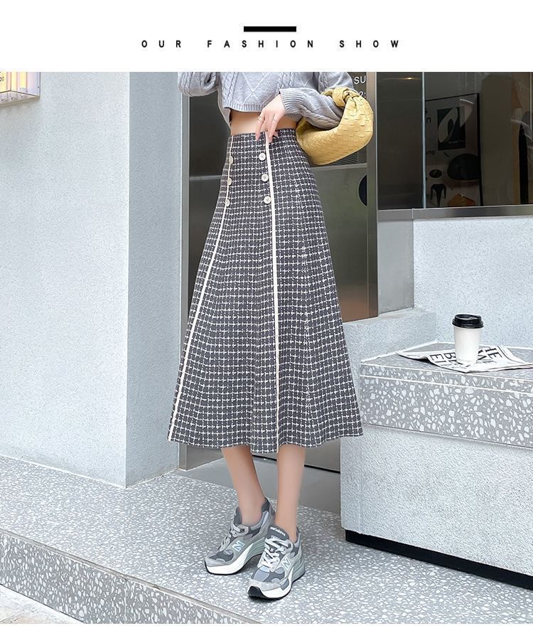 High Midi Knit A-Line Skirt Plaid Waist