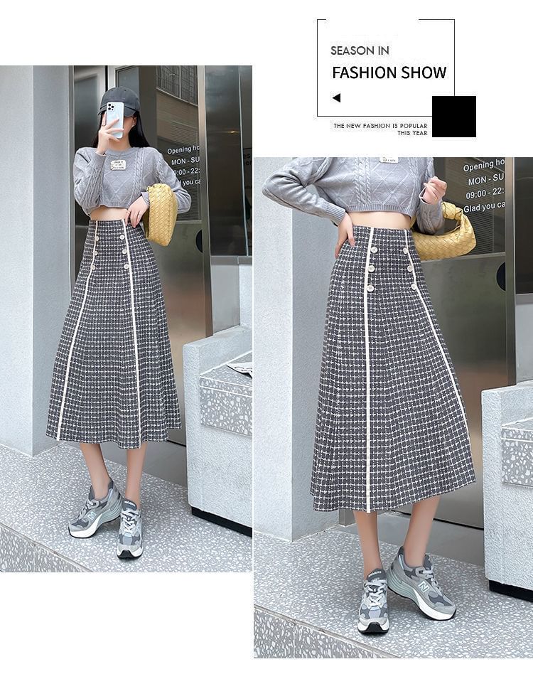 High Midi Knit A-Line Skirt Plaid Waist
