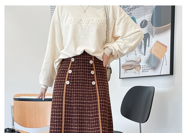 High Midi Knit A-Line Skirt Plaid Waist