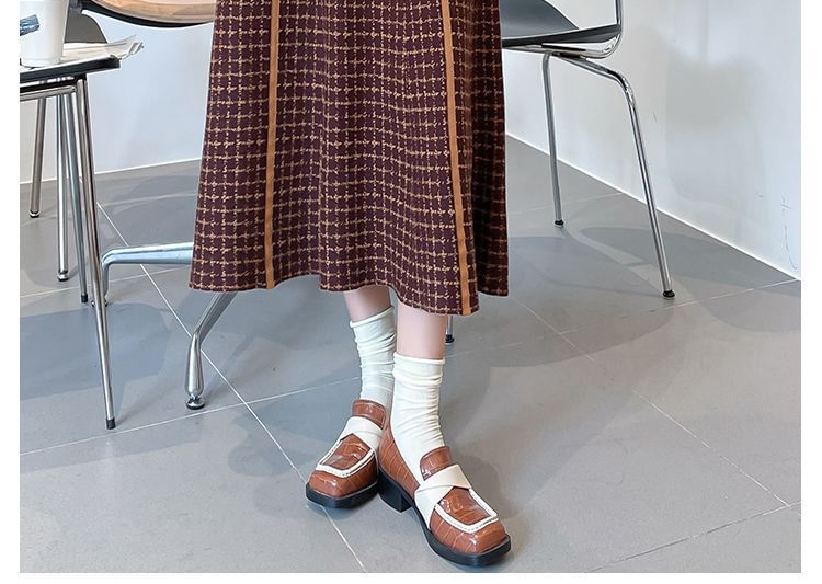 High Midi Knit A-Line Skirt Plaid Waist