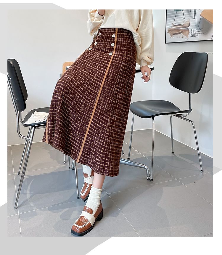 High Midi Knit A-Line Skirt Plaid Waist