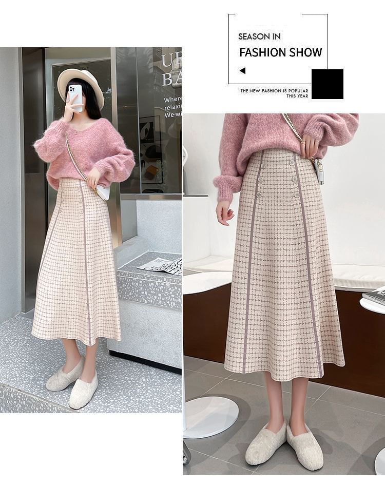 High Midi Knit A-Line Skirt Plaid Waist
