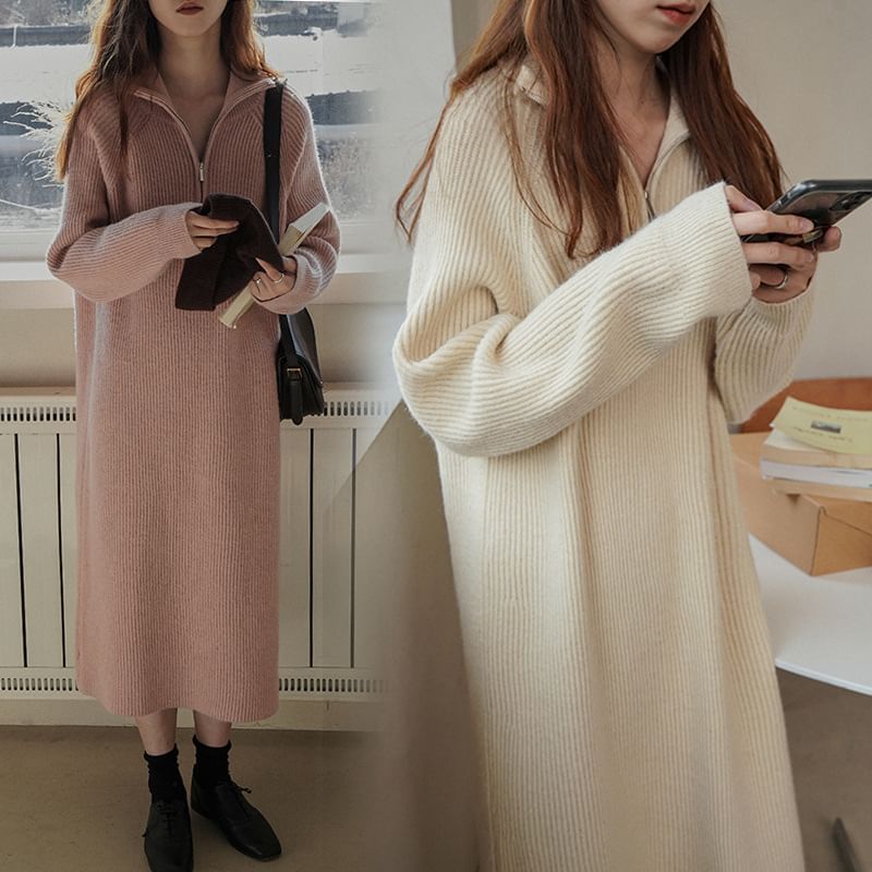 Long-Sleeve Half-Zip Plain Dress Ribbed Midi Sweater