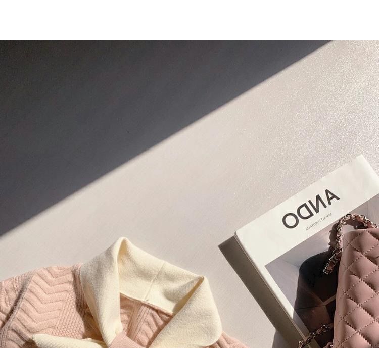 Midi Tie-Neck Plain Dress Knit Puff-Sleeve Button-Up