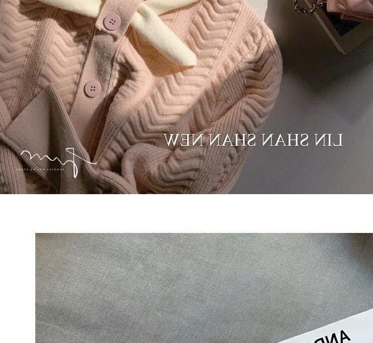 Midi Tie-Neck Plain Dress Knit Puff-Sleeve Button-Up