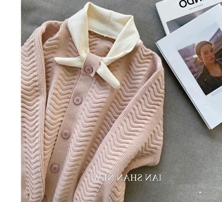 Midi Tie-Neck Plain Dress Knit Puff-Sleeve Button-Up