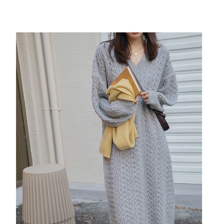 Plain Midi V-Neck Sweater Long-Sleeve Dress