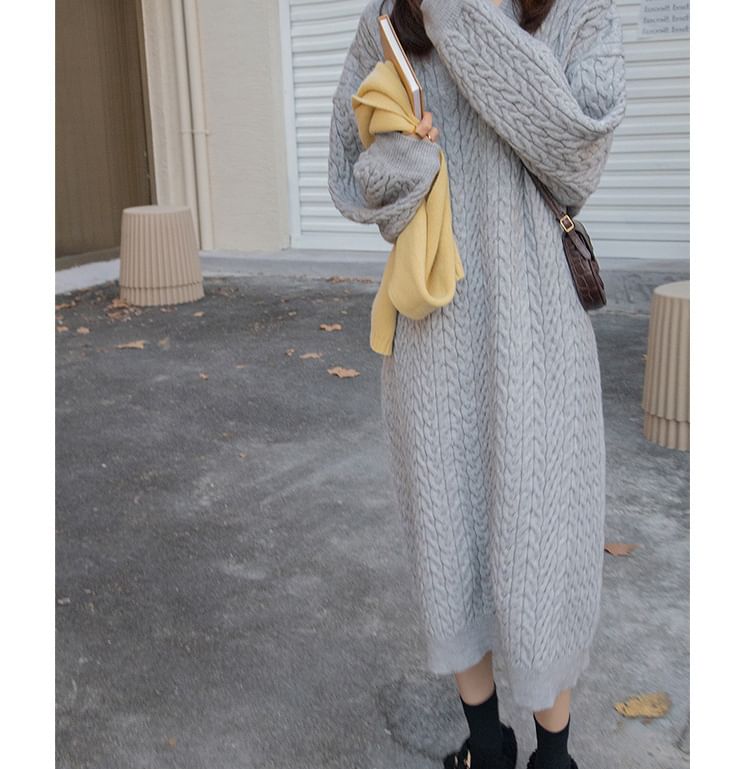 Plain Midi V-Neck Sweater Long-Sleeve Dress