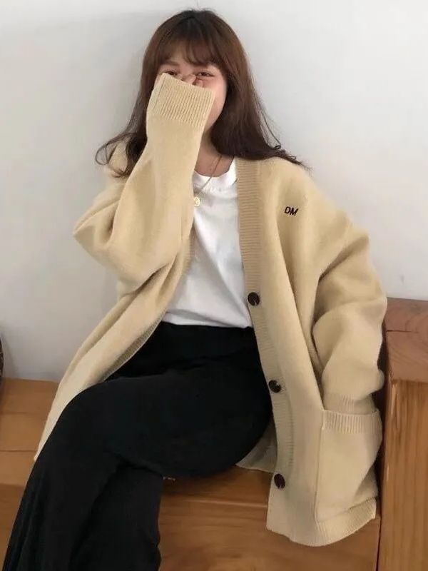 Cardigan Embroidered V-Neck Button-Up Letter