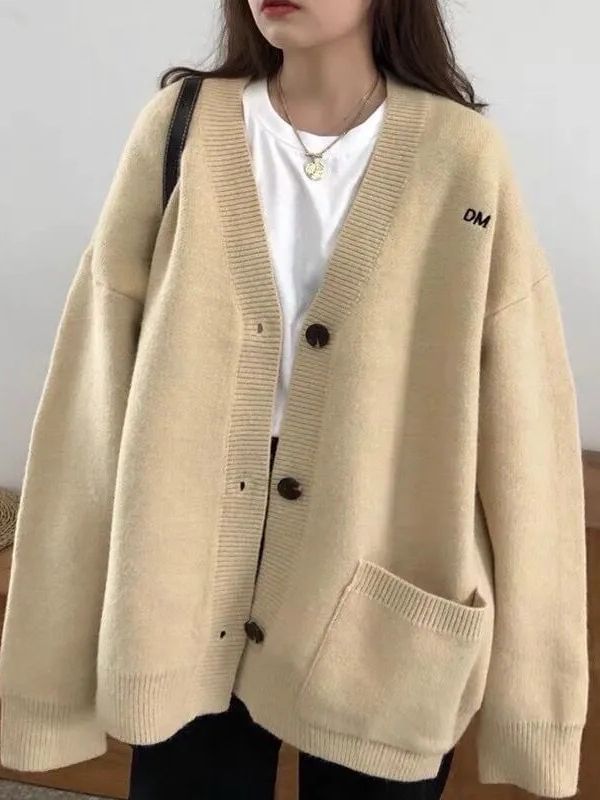 Cardigan Embroidered V-Neck Button-Up Letter