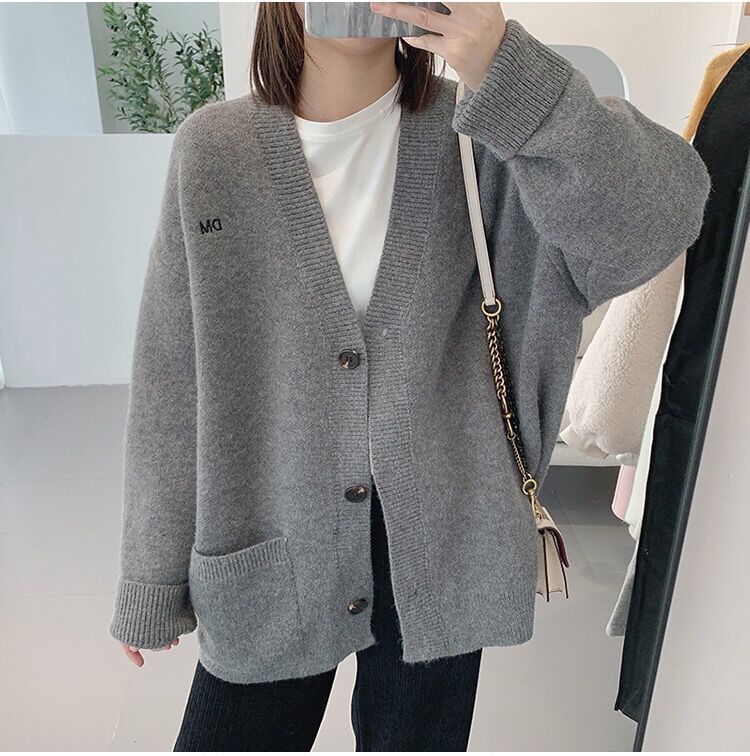 Cardigan Embroidered V-Neck Button-Up Letter