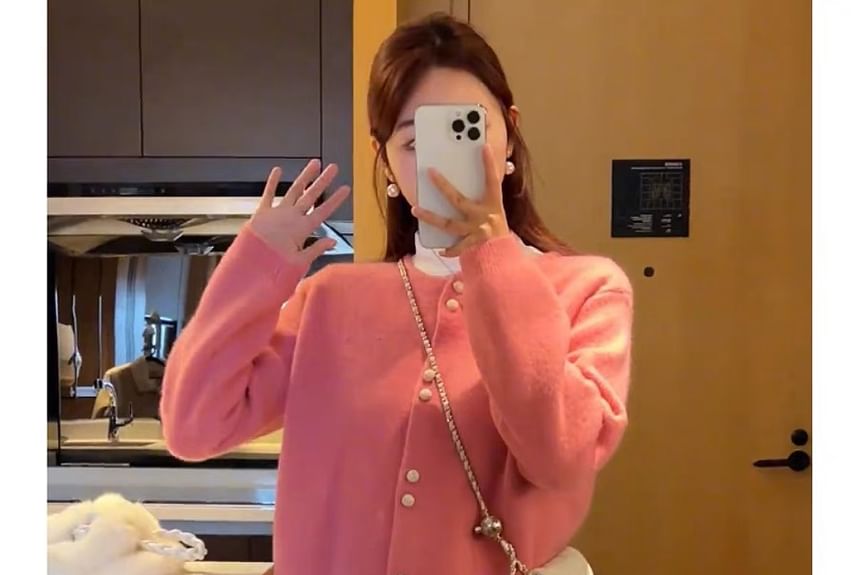 Buttoned Cardigan Faux Plain Pearl