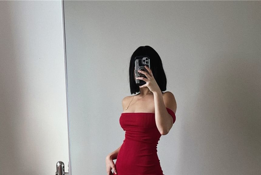 Plain Off Sheath Dress Midi Shoulder