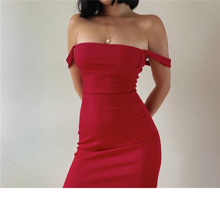 Off Shoulder Plain Midi Sheath Dress