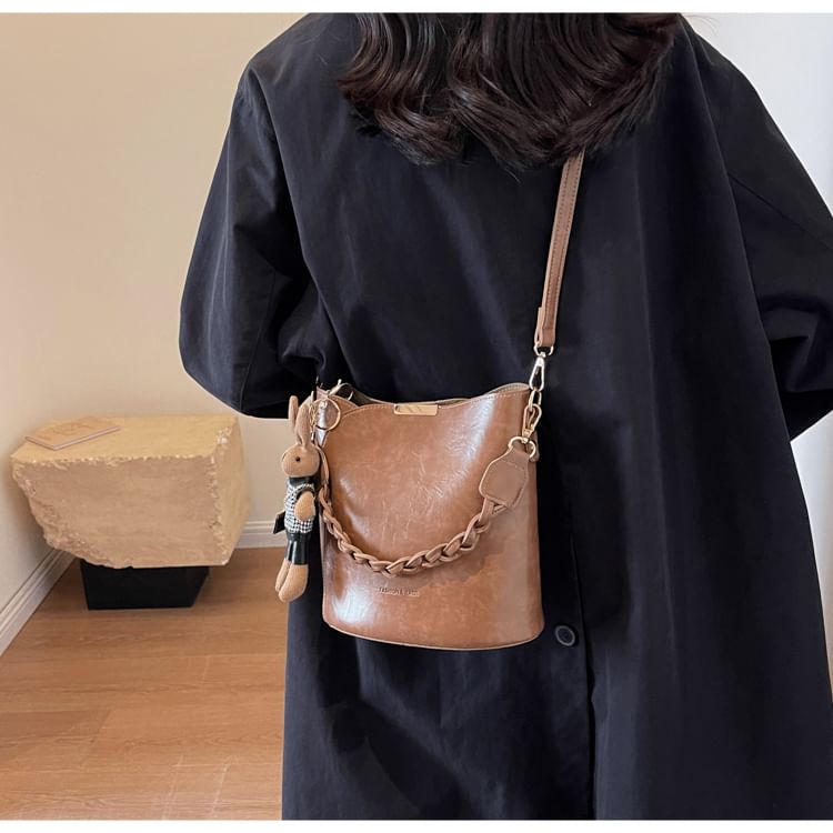 Set: Faux Leather Bucket Bag + Bag Charm