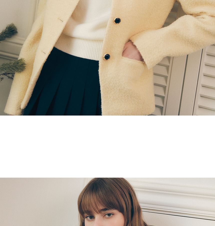 Round-Neck Woolen Button Jacket (Yellow)