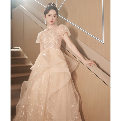 Puff-Sleeve Stand Collar Star Print Sequin Faux Pearl Accent Cutout A-Line Evening Gown