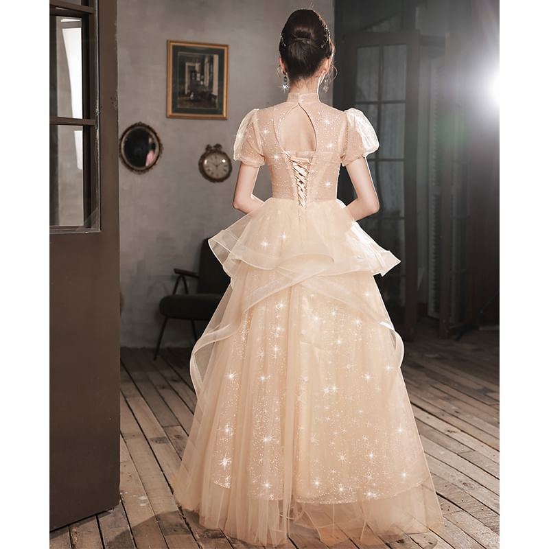 Puff-Sleeve Stand Collar Star Print Sequin Faux Pearl Accent Cutout A-Line Evening Gown