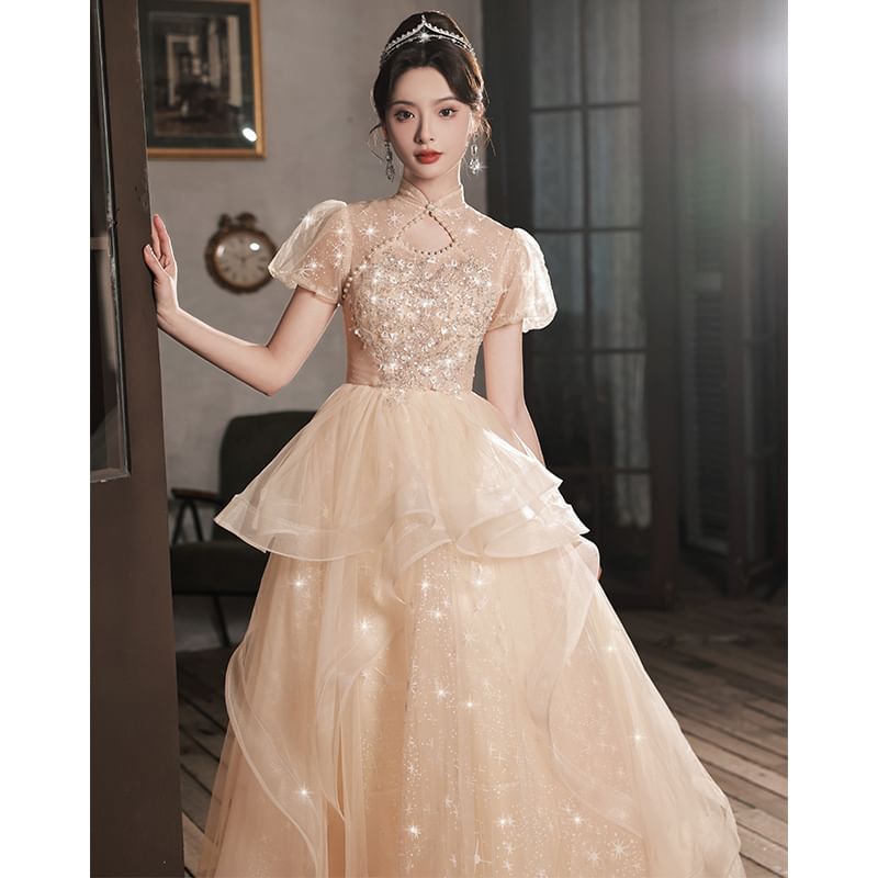 Puff-Sleeve Stand Collar Star Print Sequin Faux Pearl Accent Cutout A-Line Evening Gown