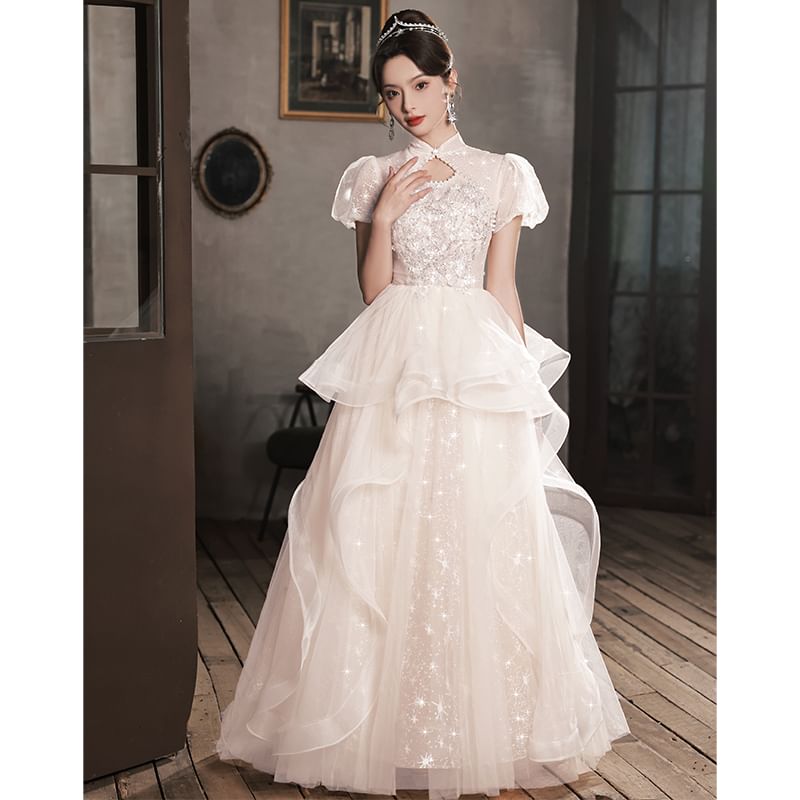 Puff-Sleeve Stand Collar Star Print Sequin Faux Pearl Accent Cutout A-Line Evening Gown