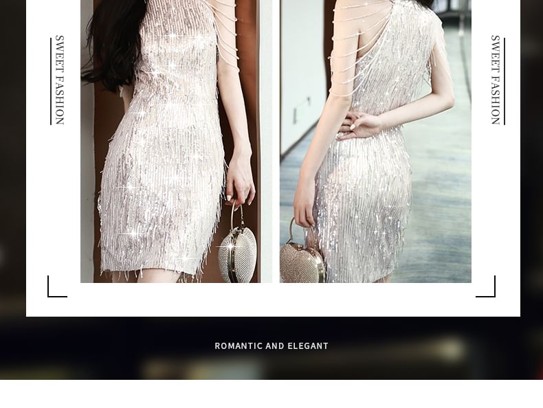 Halter Neck Cold Shoulder Plain Sequin Fringed Mini Bodycon Dress