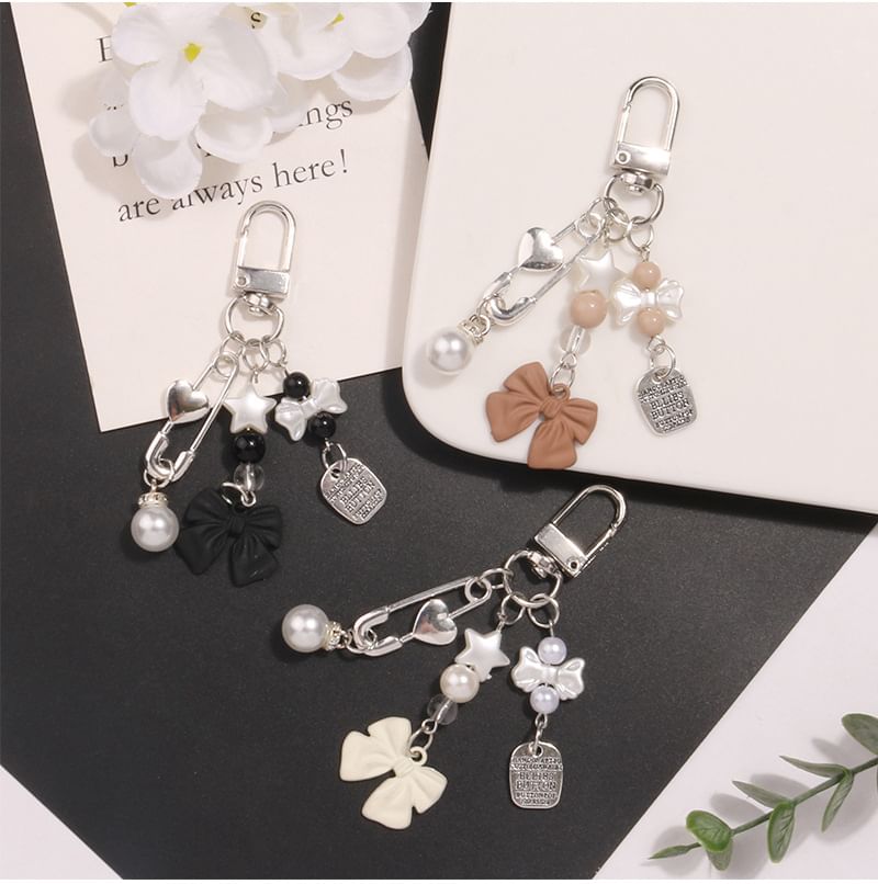 Bow Faux Pearl Acrylic Alloy Bag Charm Keyring (Various Designs)