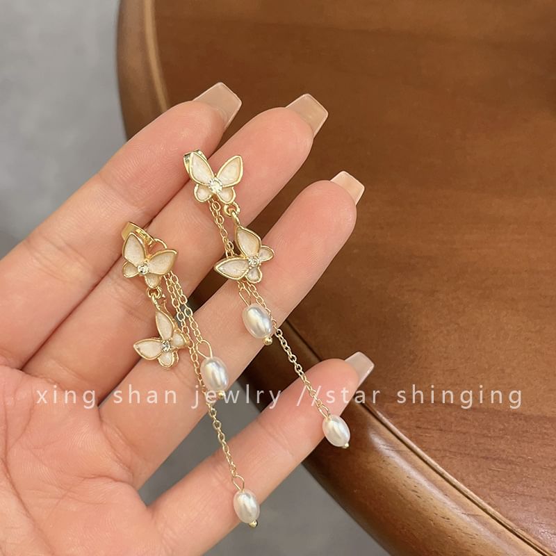 Clip Drop Pearl On Butterfly Earring Faux /