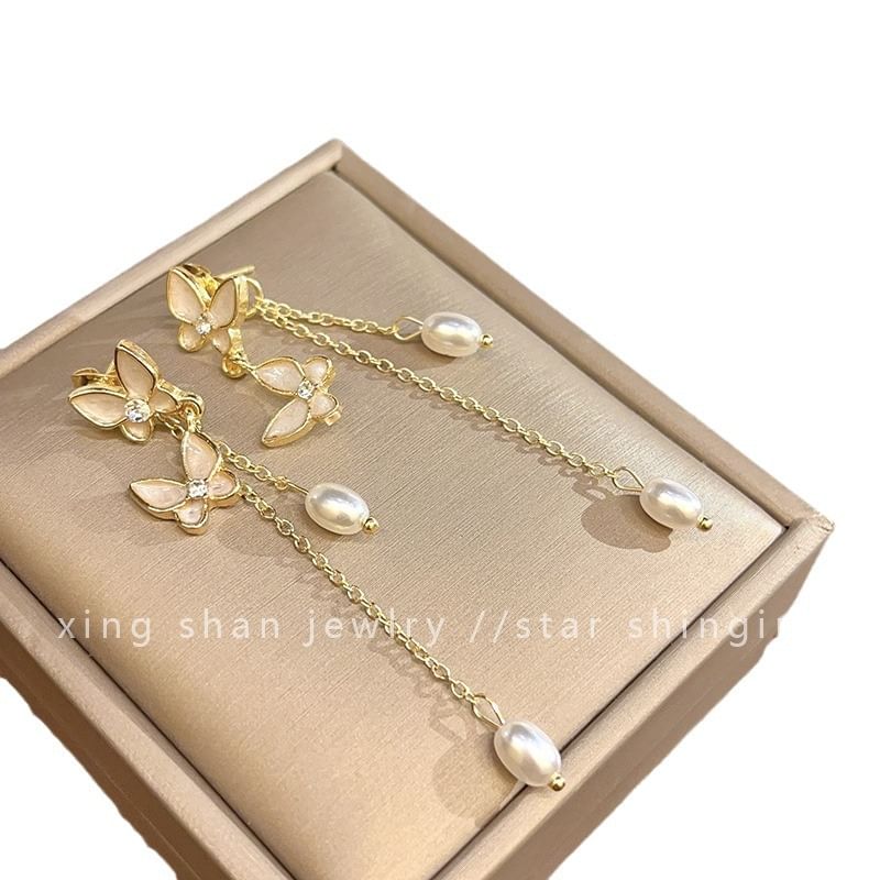 Clip Drop Pearl On Butterfly Earring Faux /