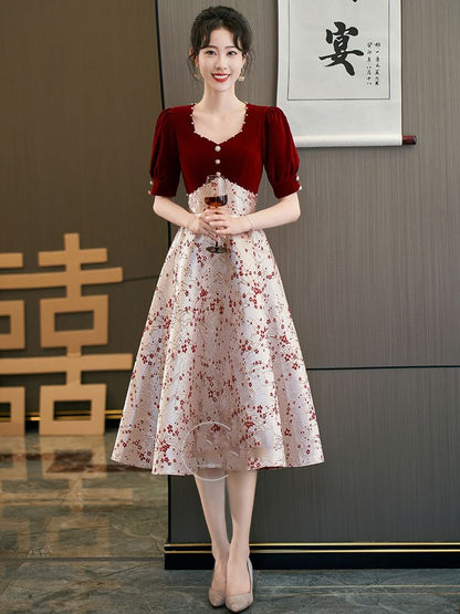 Short-Sleeve Square Neck Faux Pearl Button Velvet Panel Jacquard Midi A-Line Cocktail Dress