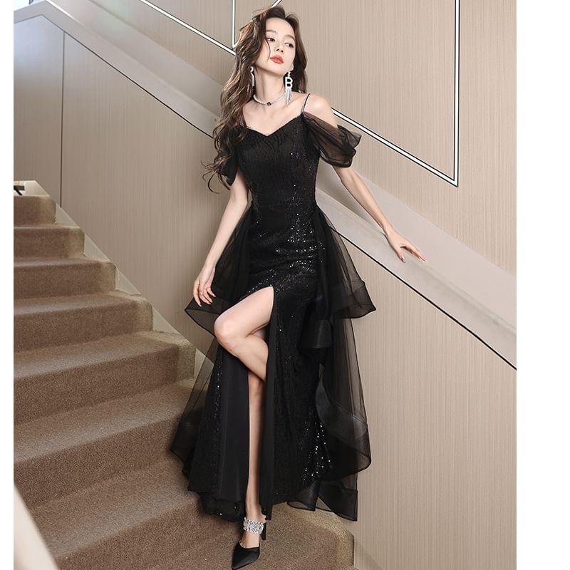 Short-Sleeve Cold Shoulder Plain Sequin Ruffle Slit Mesh A-Line Evening Gown