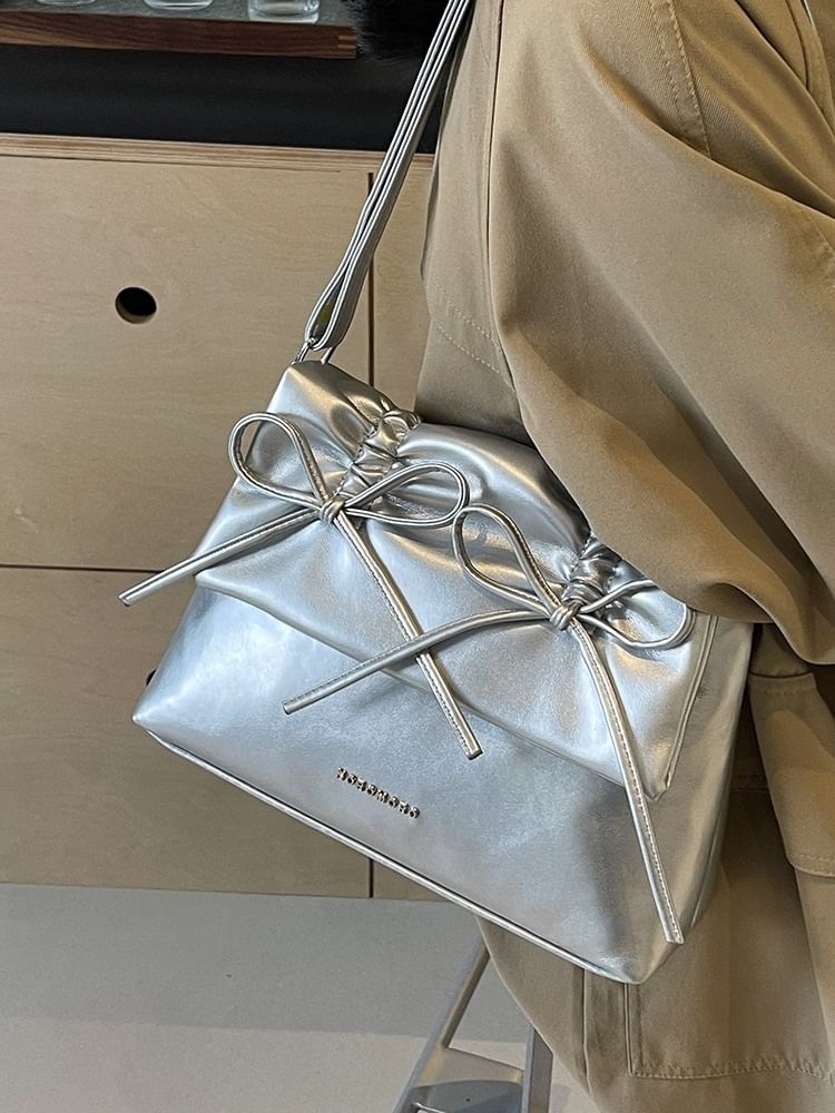 Leather Faux Ribbon Flap Crossbody Bag