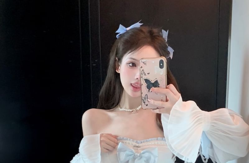 Lace-Up Belt / Off-Shoulder Mini Trim Puff-Sleeve A-Line Two Dress Lace Tone Corset Patterned