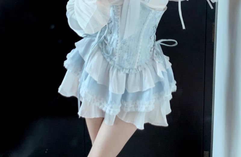Off-Shoulder Lace Dress with Corset Belt Set