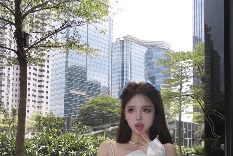 Lace-Up Belt / Off-Shoulder Mini Trim Puff-Sleeve A-Line Two Dress Lace Tone Corset Patterned