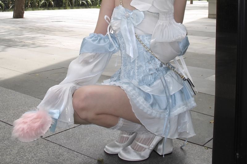 Lace-Up Belt / Off-Shoulder Mini Trim Puff-Sleeve A-Line Two Dress Lace Tone Corset Patterned