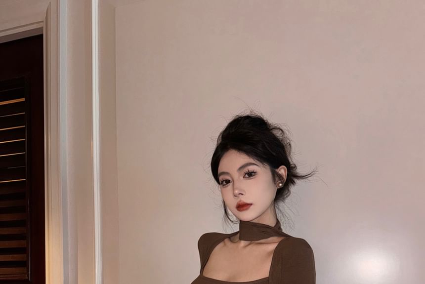 Square Neck Tee, Scarf, and Faux Leather Pencil Skirt Set