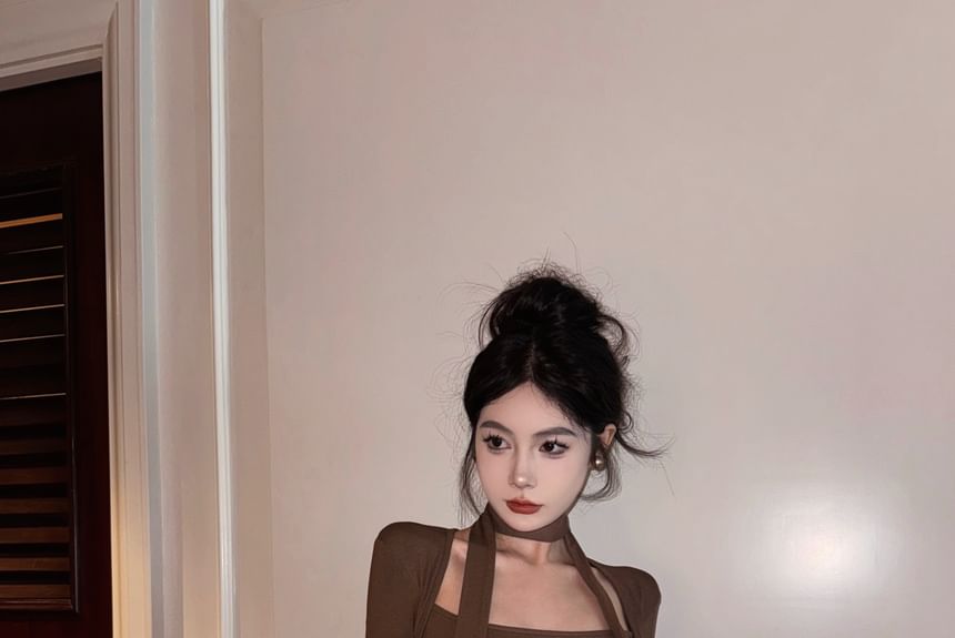 Scarf Mid Set T-Shirt Skirt Rise Leather Plain Mini Neck Faux / Long-Sleeve Pencil Square