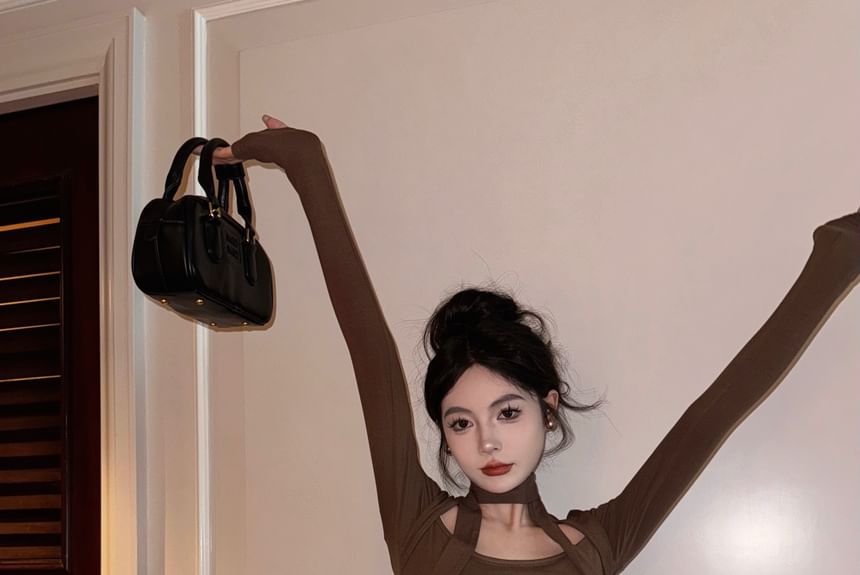 Scarf Mid Set T-Shirt Skirt Rise Leather Plain Mini Neck Faux / Long-Sleeve Pencil Square