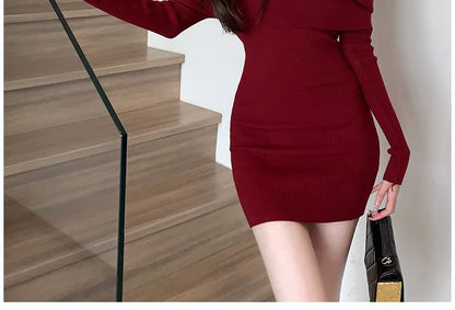 Long-Sleeve Off-Shoulder Plain Ribbed Mini Knit Sheath Dress