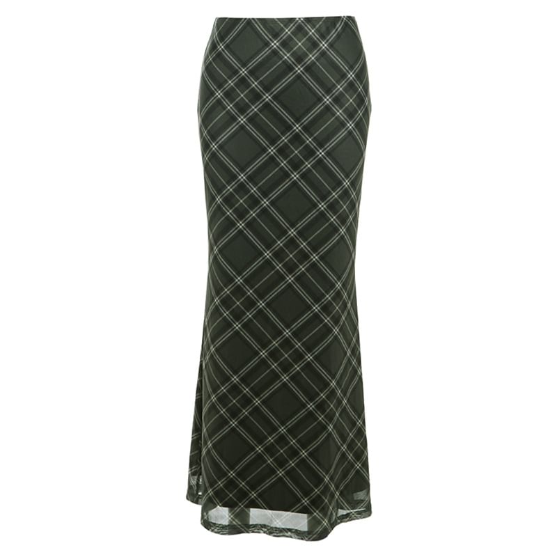 Plaid Mesh Mermaid Maxi Skirt with Mid Waistline