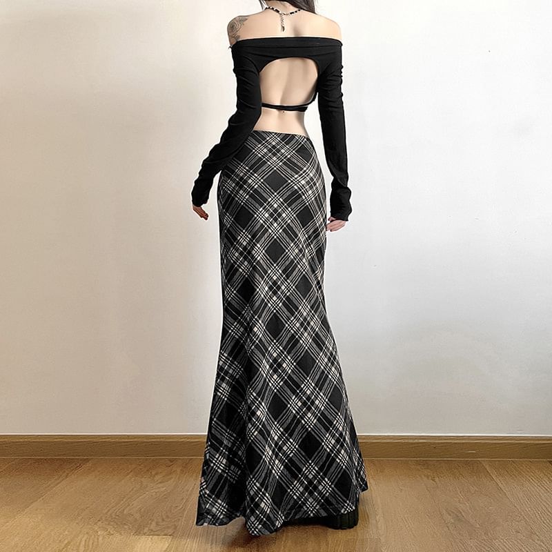 Plaid Mesh Mermaid Maxi Skirt with Mid Waistline